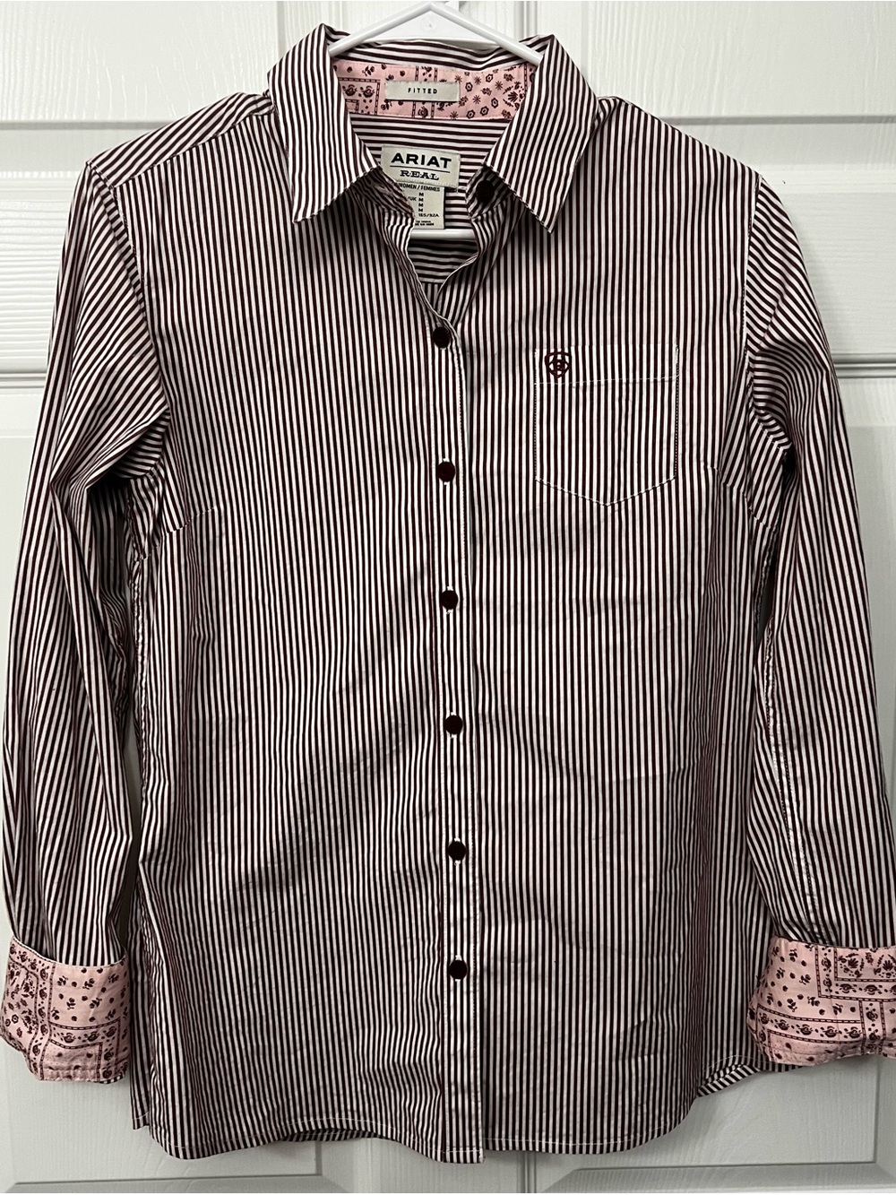 Ariat REAL Women’s M Fitted Striped WR Button-Up Western Shirt Brown Pink White